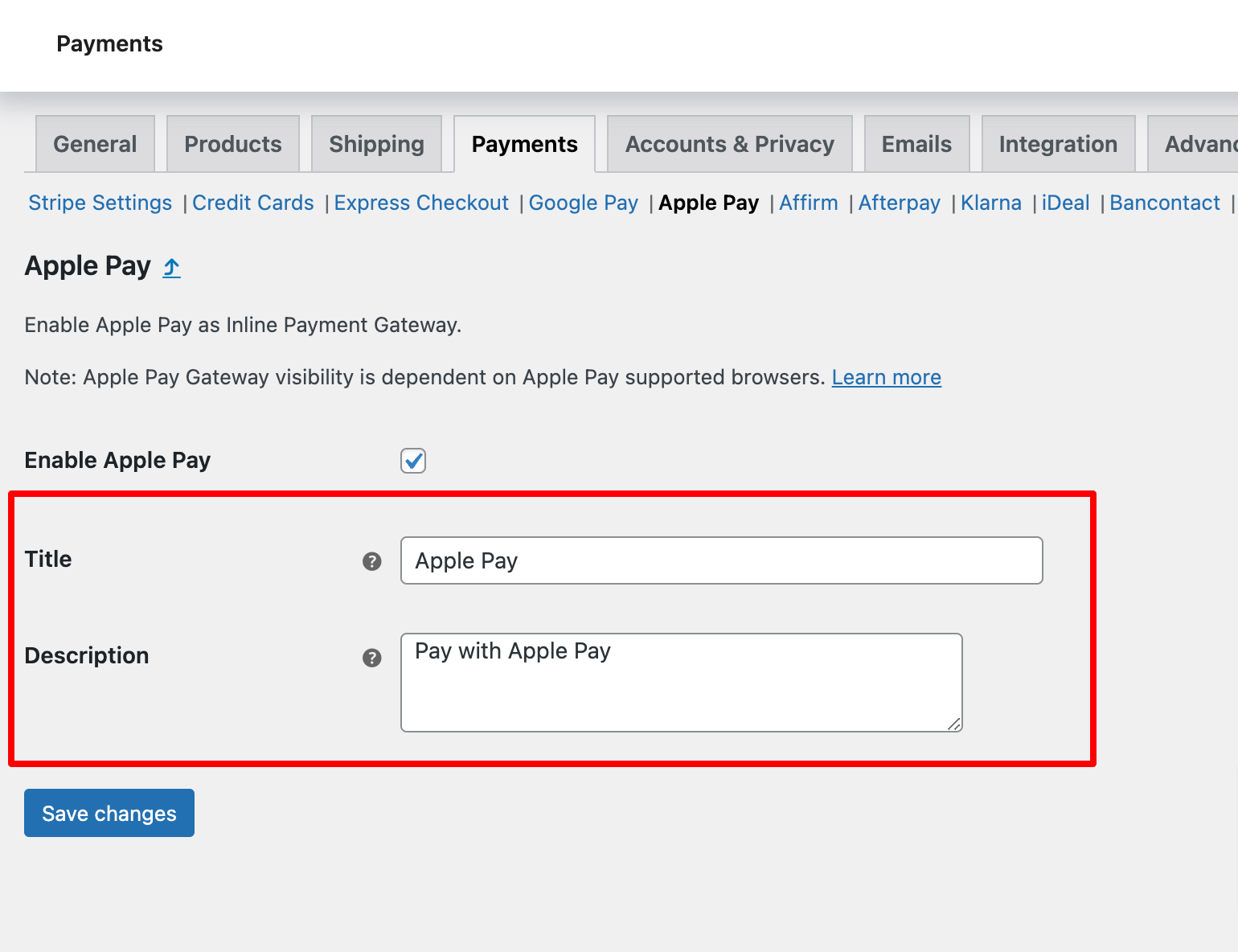 configure title and description of apple pay inline payment settings