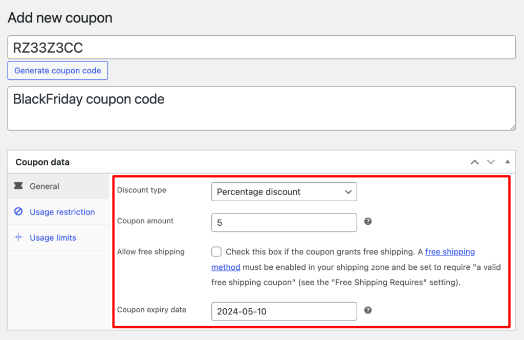 set up general coupon data in WooCommerce