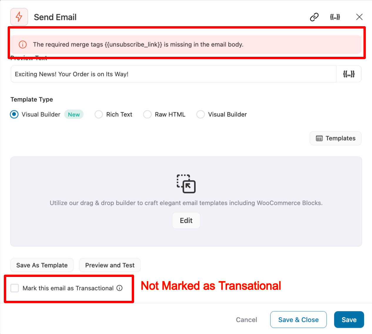 show Validation Message Transactional Emails
