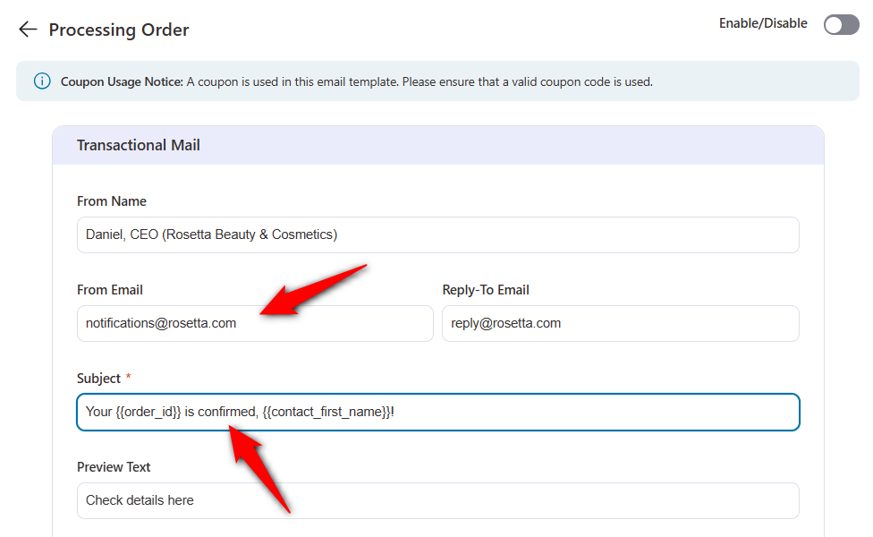 personalized email subject line with customer name and product id