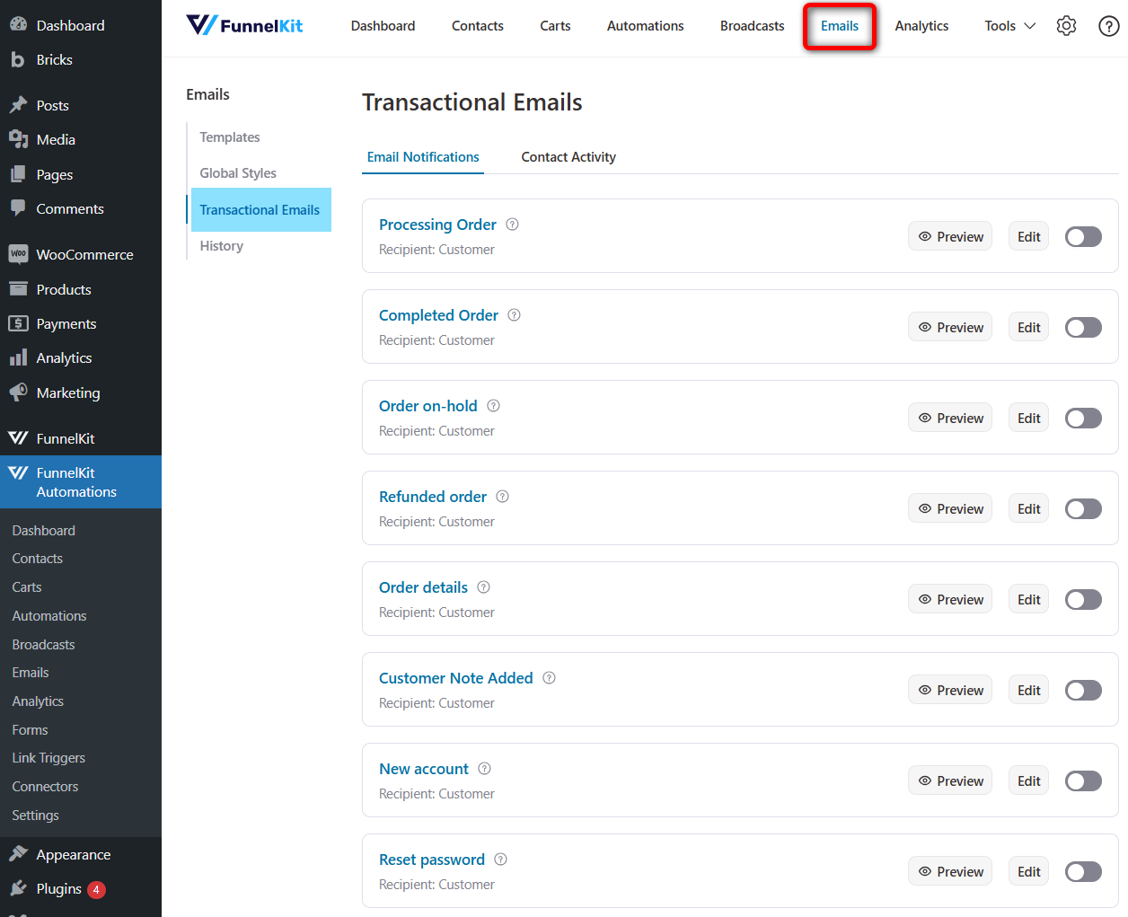 navigate to transactional emails section inside funnelkit automations