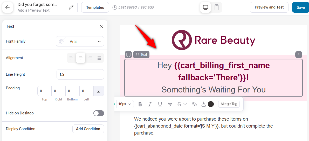 Use shopper's first name and WooCommerce cart abandonment date in your email