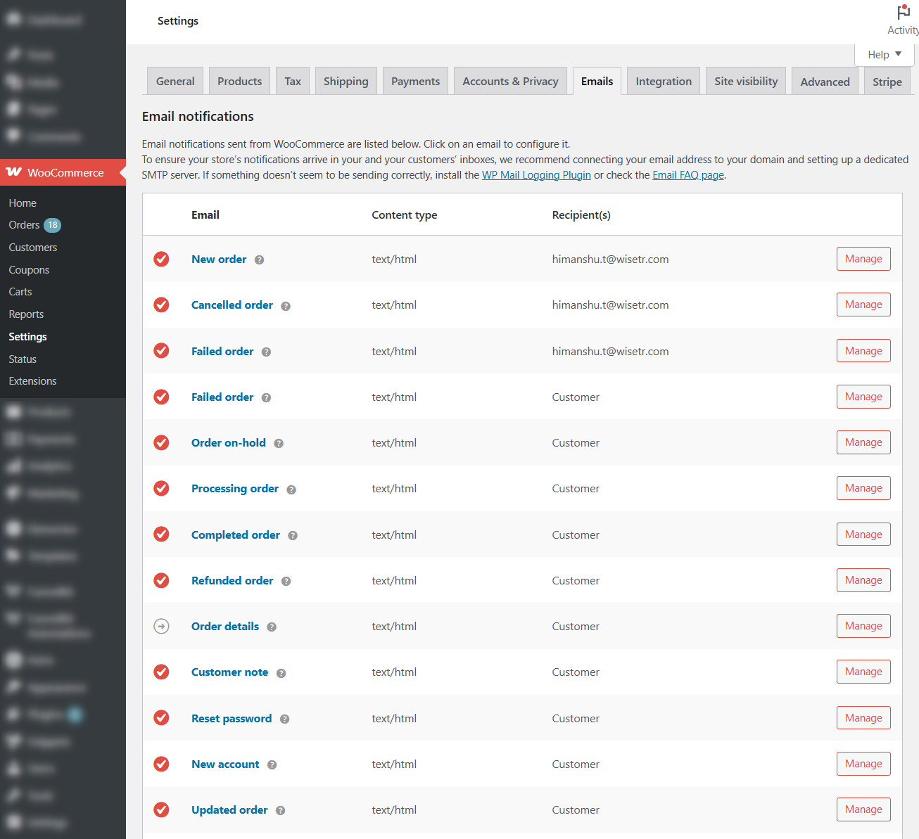 Email settings in WooCommerce