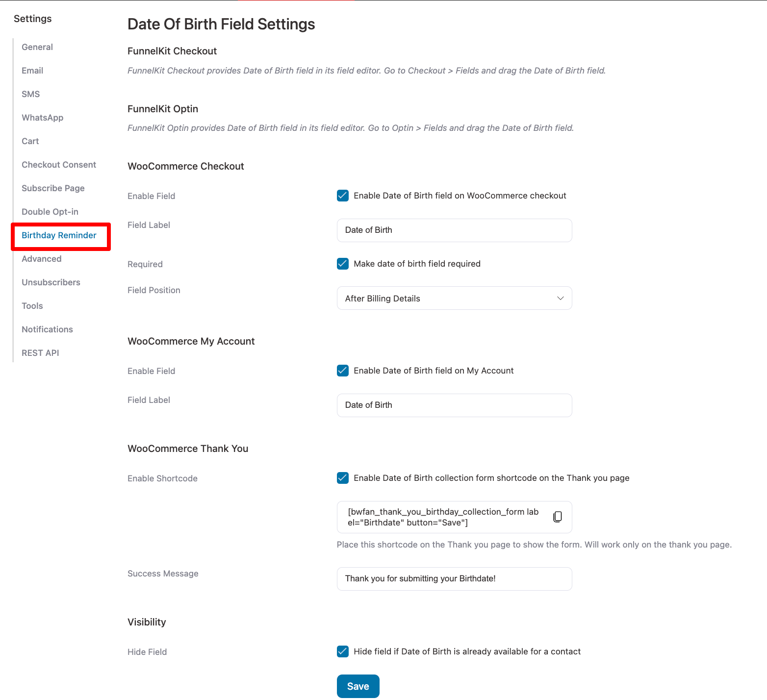 Date Of Birth Field Settings