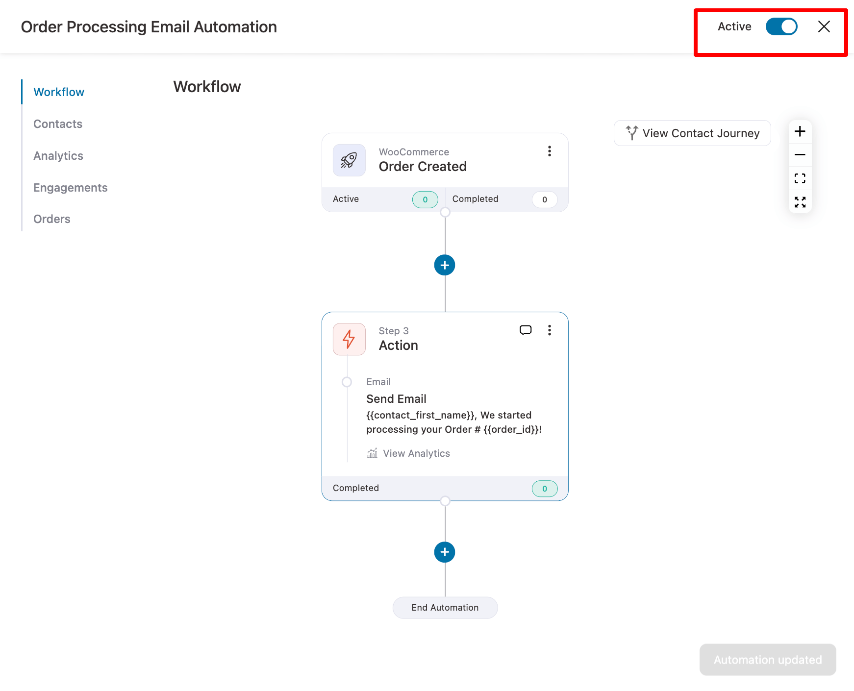 activate order processing email automation campaign