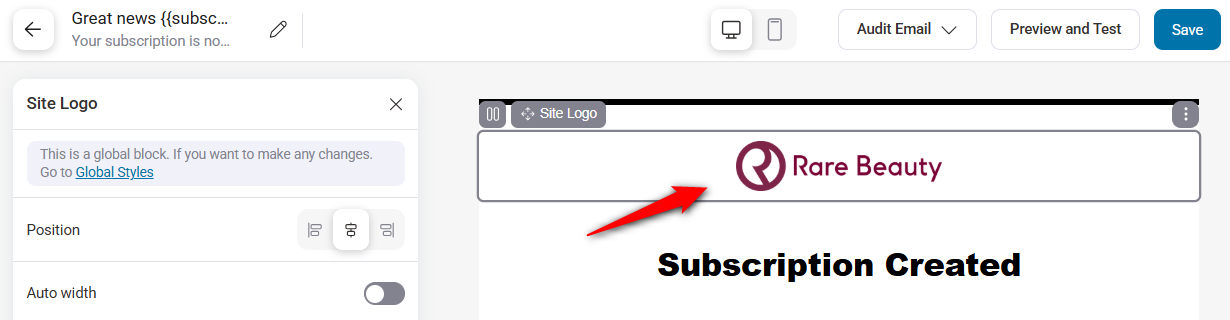 Drag and drop the image block to your workspace and upload your business logo