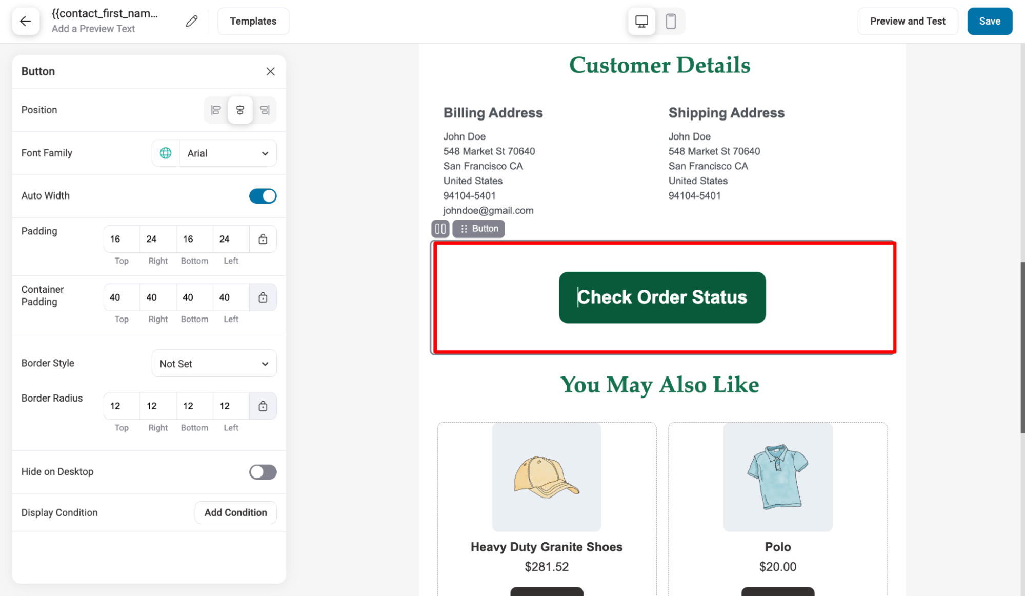 add check order status cta