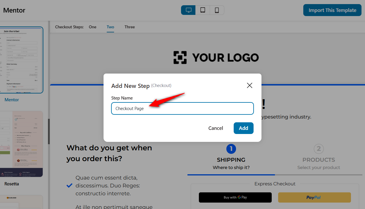 Import your checkout page in your challenge funnel