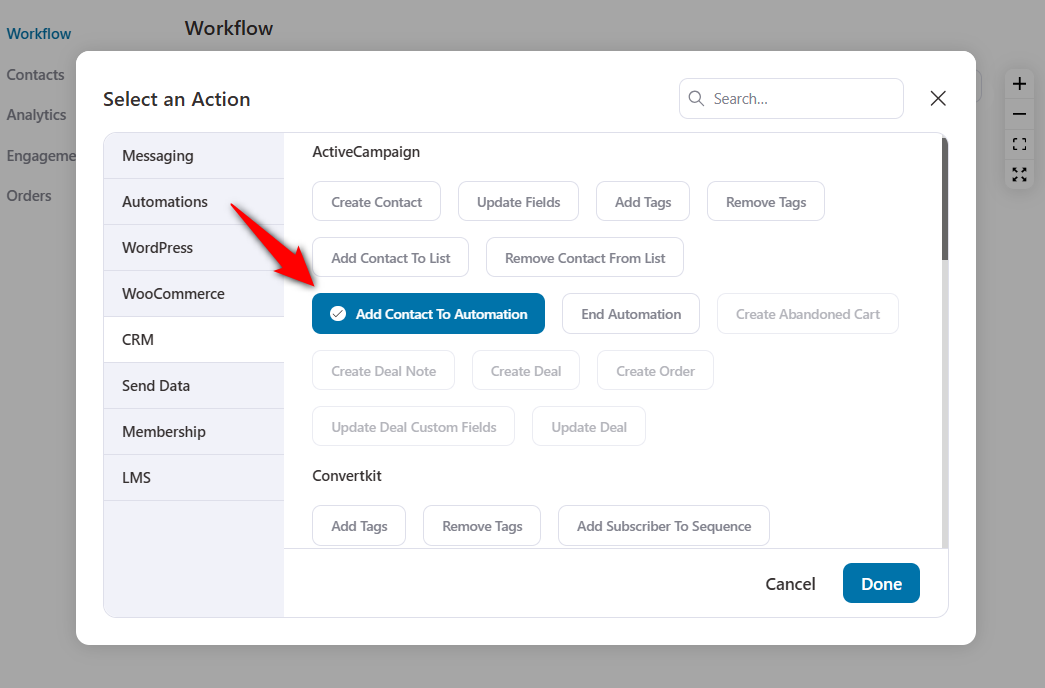select the add contact to automation action for woocommerce activecampaign integration