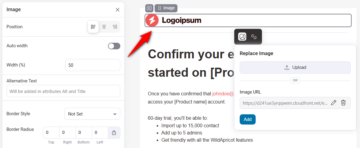 Drag and drop the image block to your workspace and upload your business logo