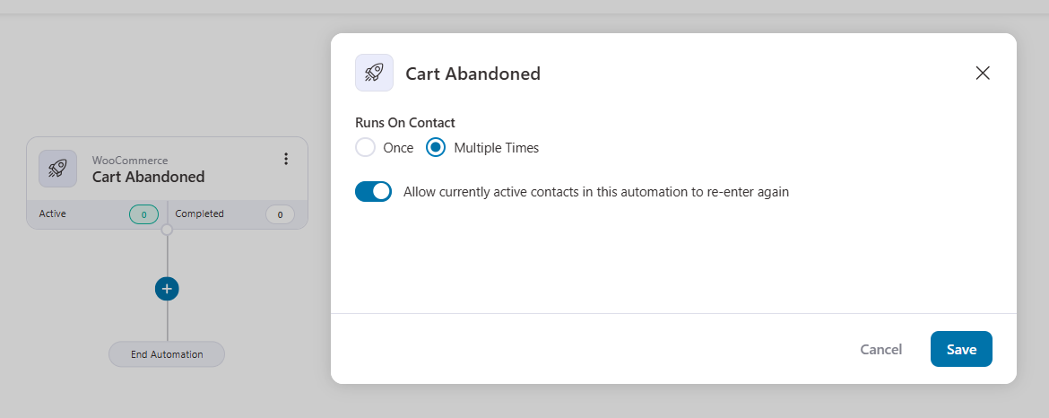Add the cart abandoned event trigger to funnelkit automations