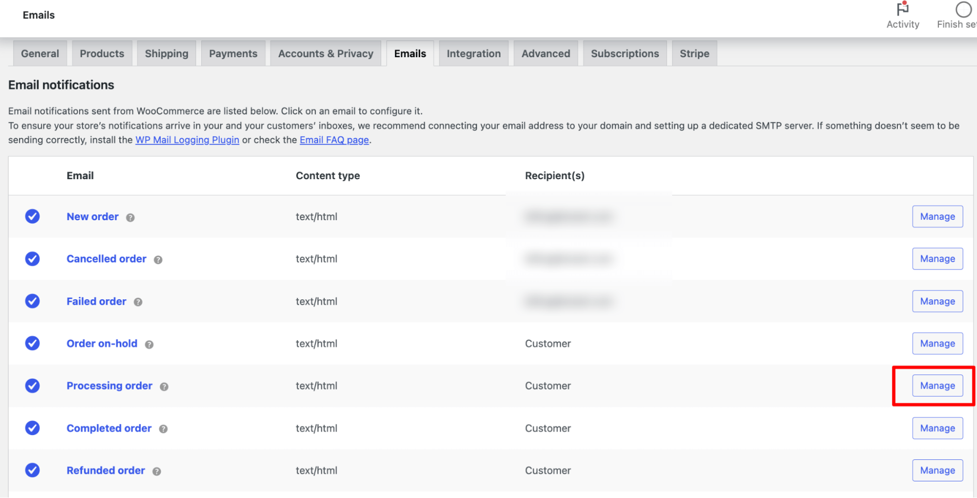 click manage processing order