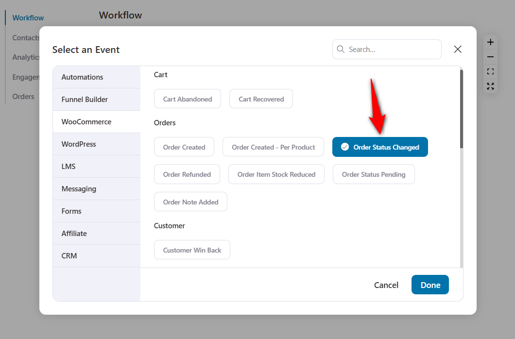 Choose the order status changed event trigger for woocommerce google sheets automation use case