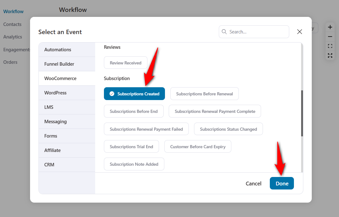 Add the subscriptions created event under woocommerce subscriptions section