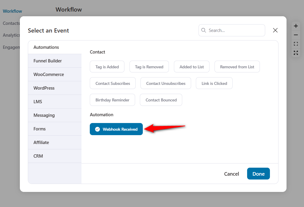 Select the event - Webhook received in FunnelKit Automations