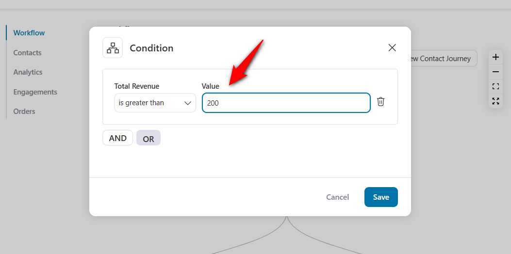 Set the total revenue condition greater than 200 to create conditional workflow