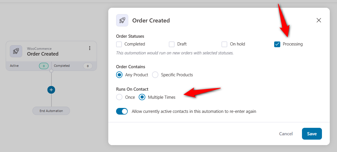 Configure your event trigger by selecting the order statuses and automation runs