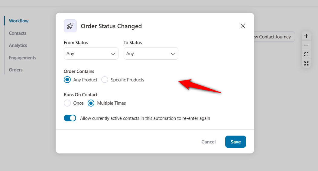 Configure the order status changed with the from status and to status