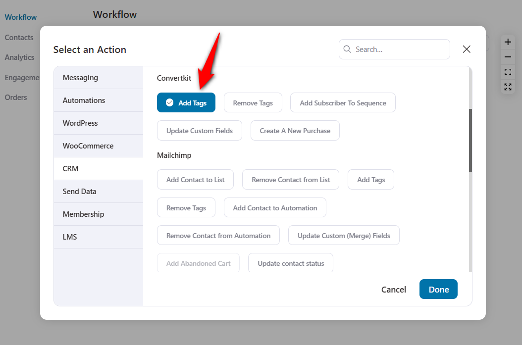 Add tags action under ConvertKit CRM