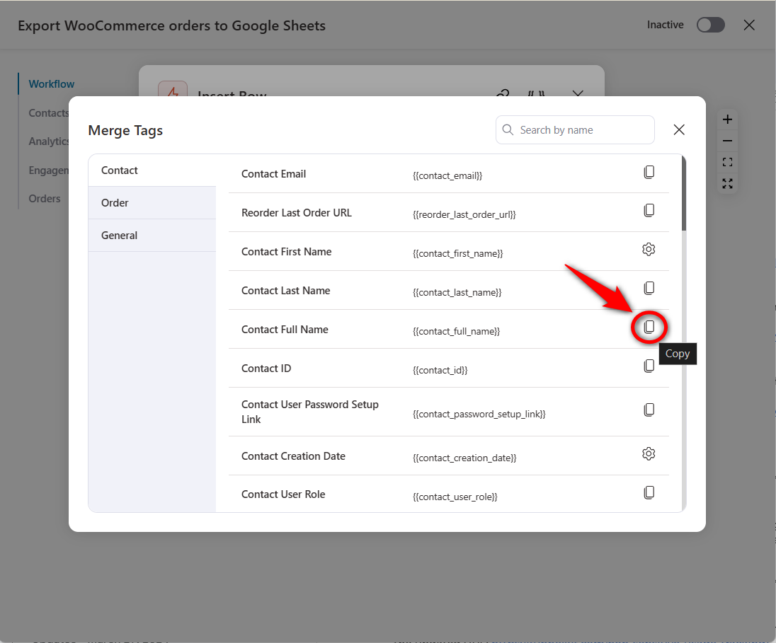 Go to merge tags and copy the contact full name merge tag to be used for woocommerce google sheets use case
