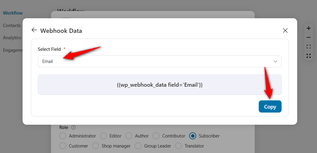 Select your webhook data fields and click on Copy to clipboard