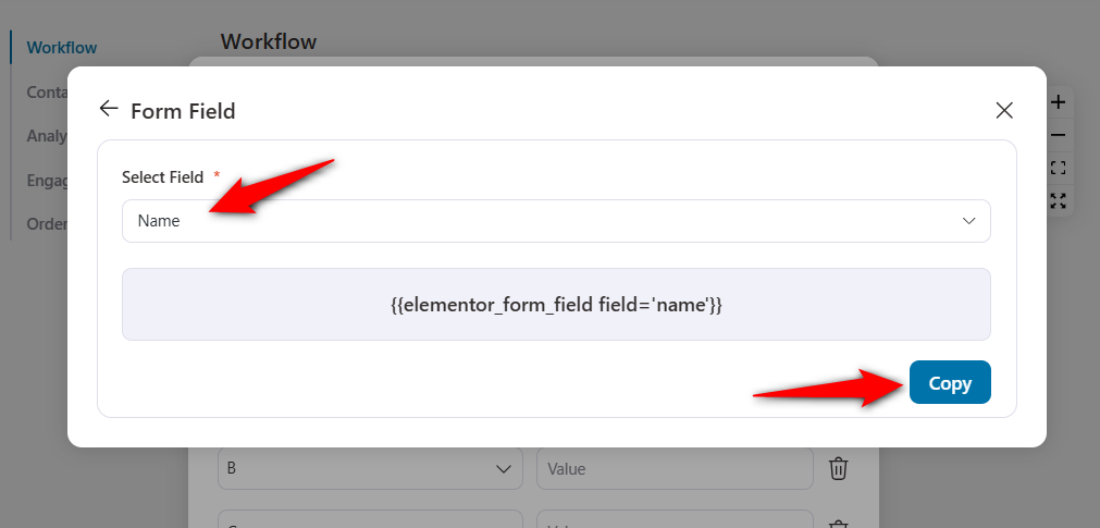 Set the name field from the form and copy the merge tag
