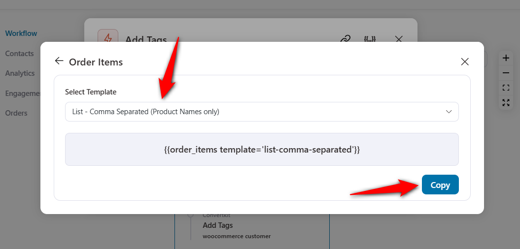 Select the list template and copy the merge tag