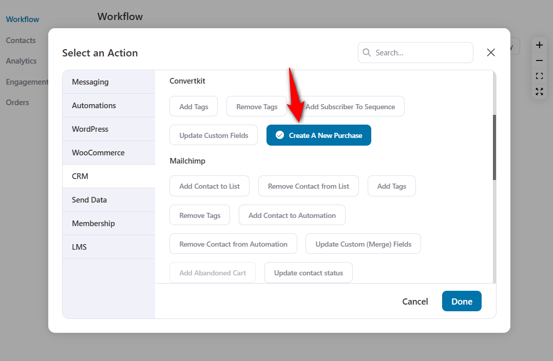 Specify the create a new purchase convertkit crm action after the woocommerce order created event trigger