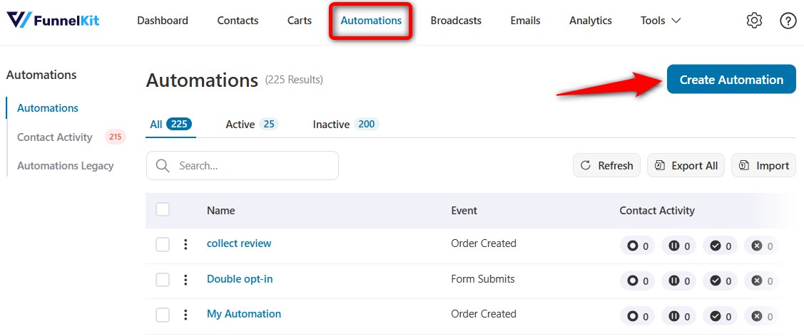 Click on 'Create Automation' in FunnelKit Automations