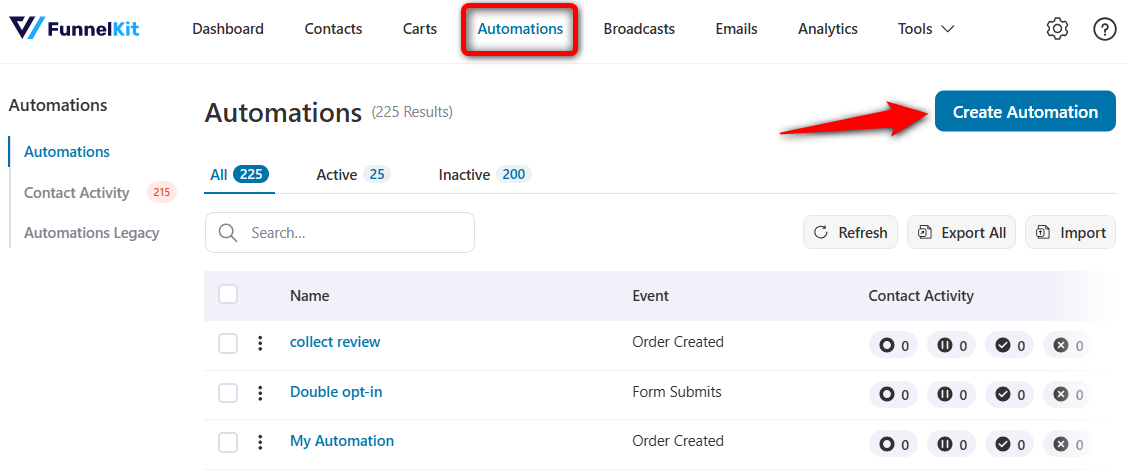 On the FunnelKit Automations dashboard, go to the Automations section and click on the ‘Create Automation’ button.