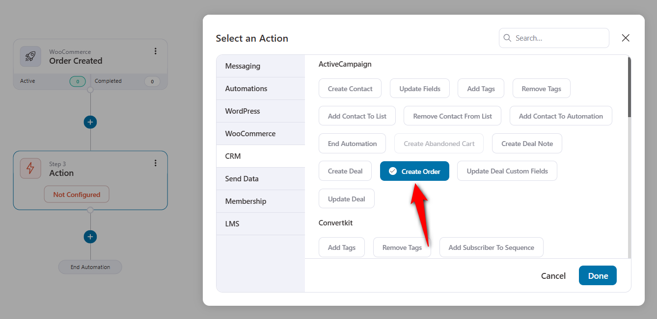 Click on create action to send woocommerce order purchase details to activecampaign with this integration