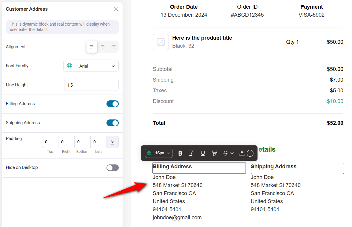 customize the customer address - shipping and billing details