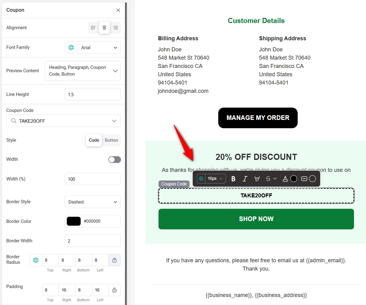 edit the discount coupon section in your woocommerce transactional email