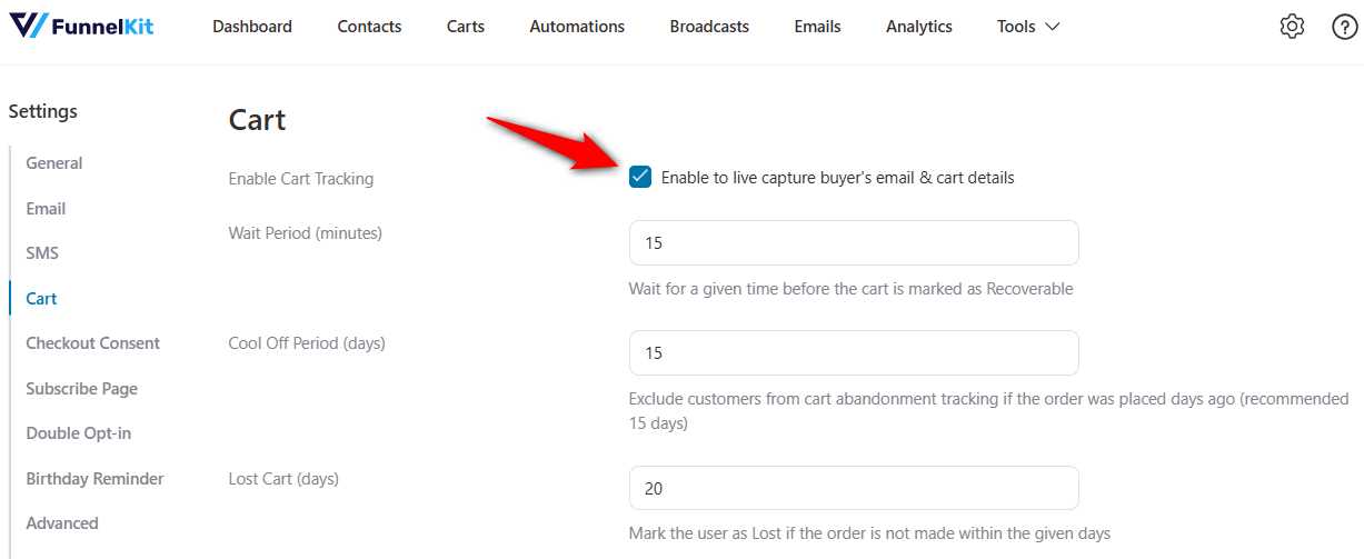 Enable cart tracking feature in FunnelKit Automations