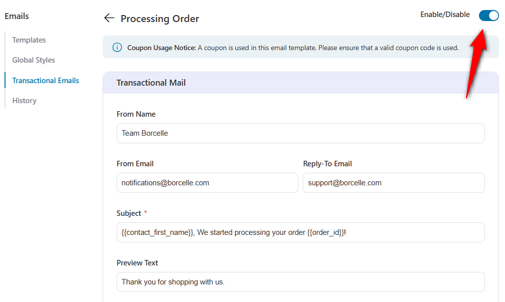 activate order processing email automation campaign