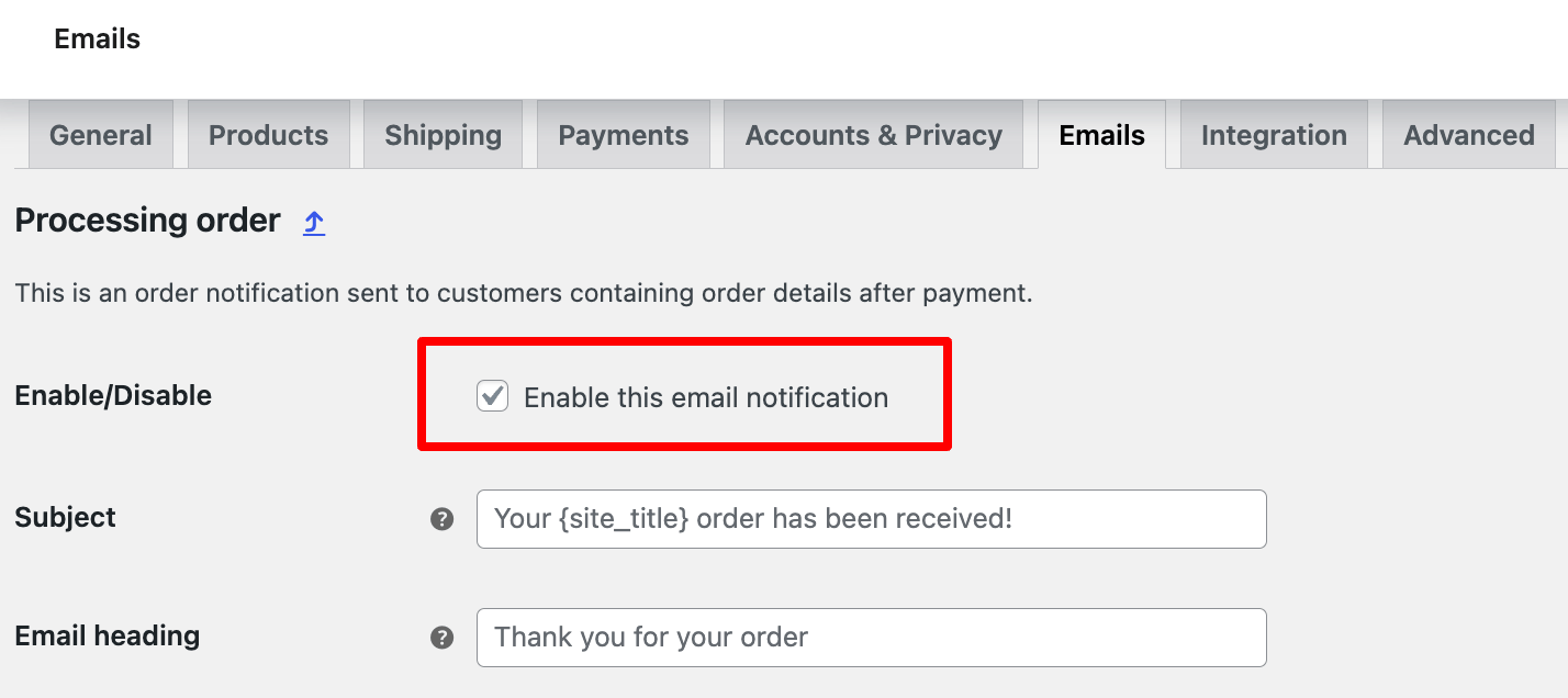 enable transactional email for processing order