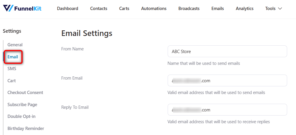 FunnelKit Automations email settings