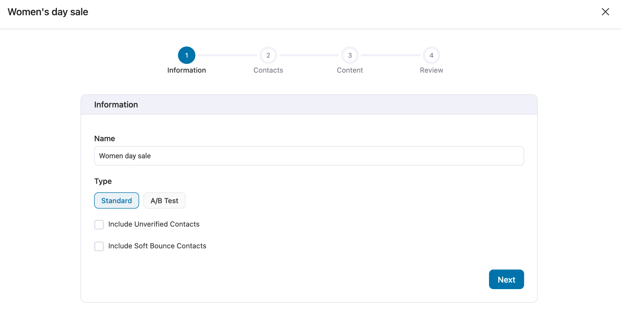 Broadcast settings screen with type selection and contact inclusion options