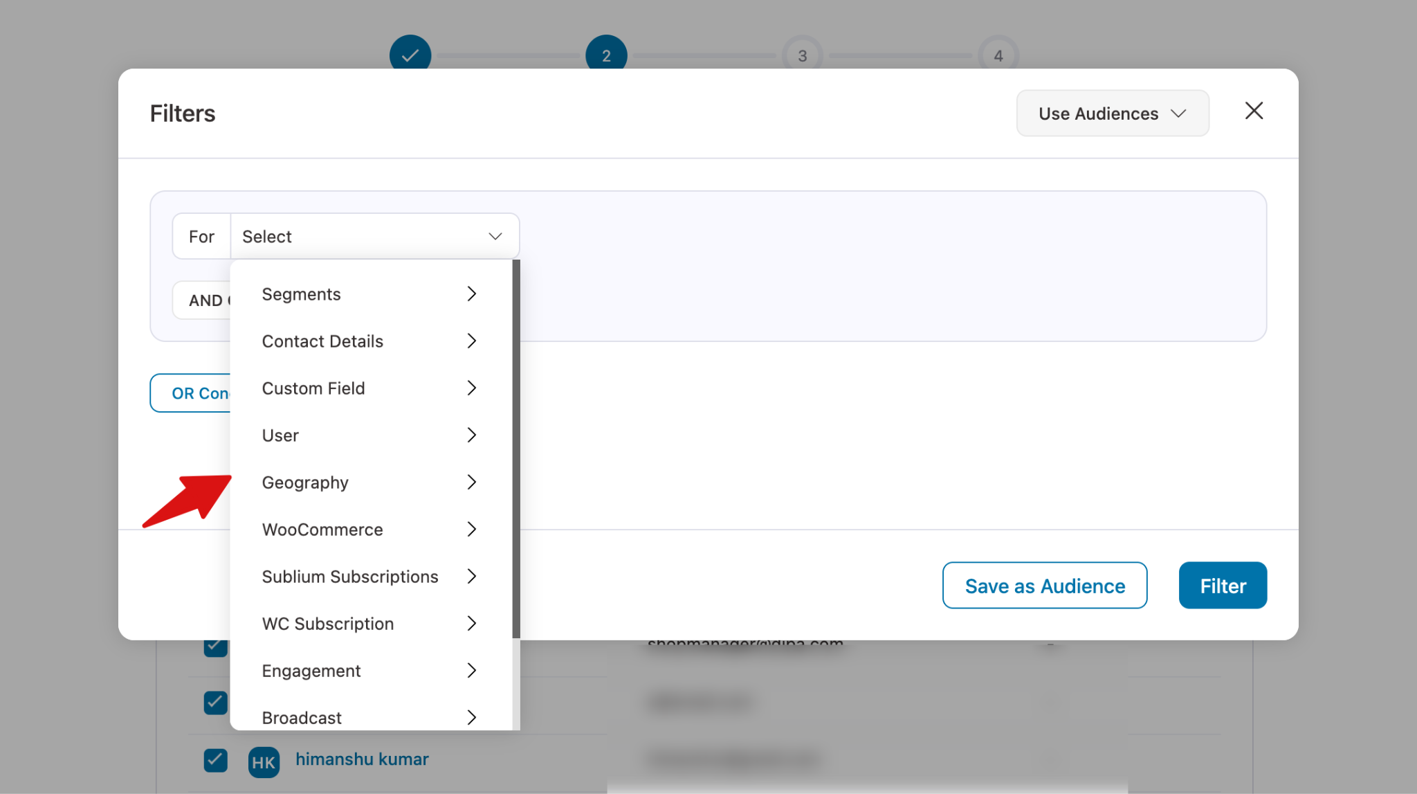 Segment selection screen showing tags, lists, and saved audiences
