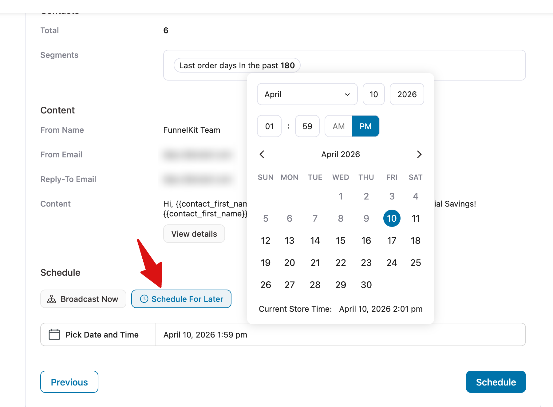 Schedule email broadcast for later with date and time picker