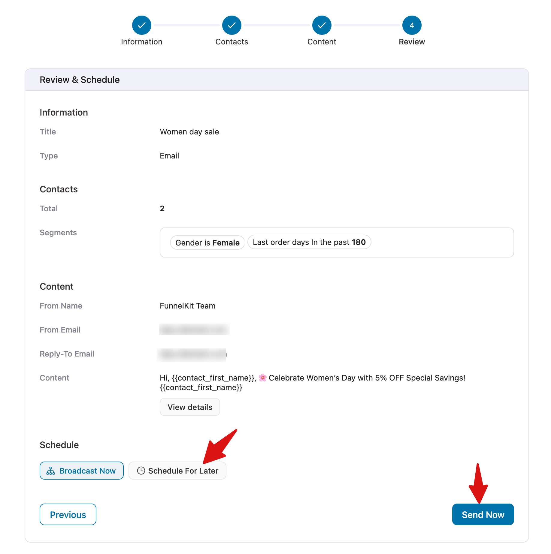 Broadcast review screen showing campaign summary before sending