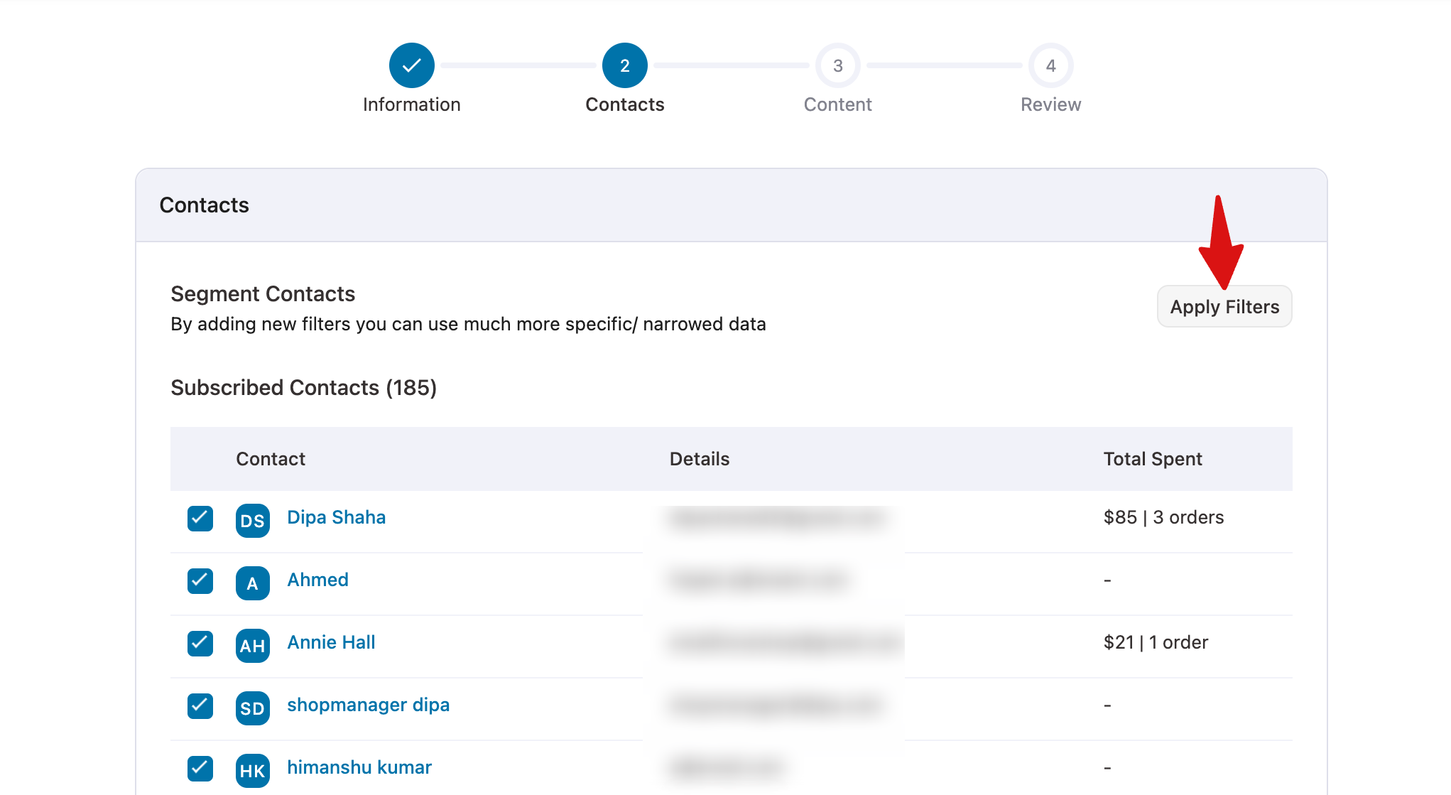 Contacts list screen with Apply Filters button for segmentation