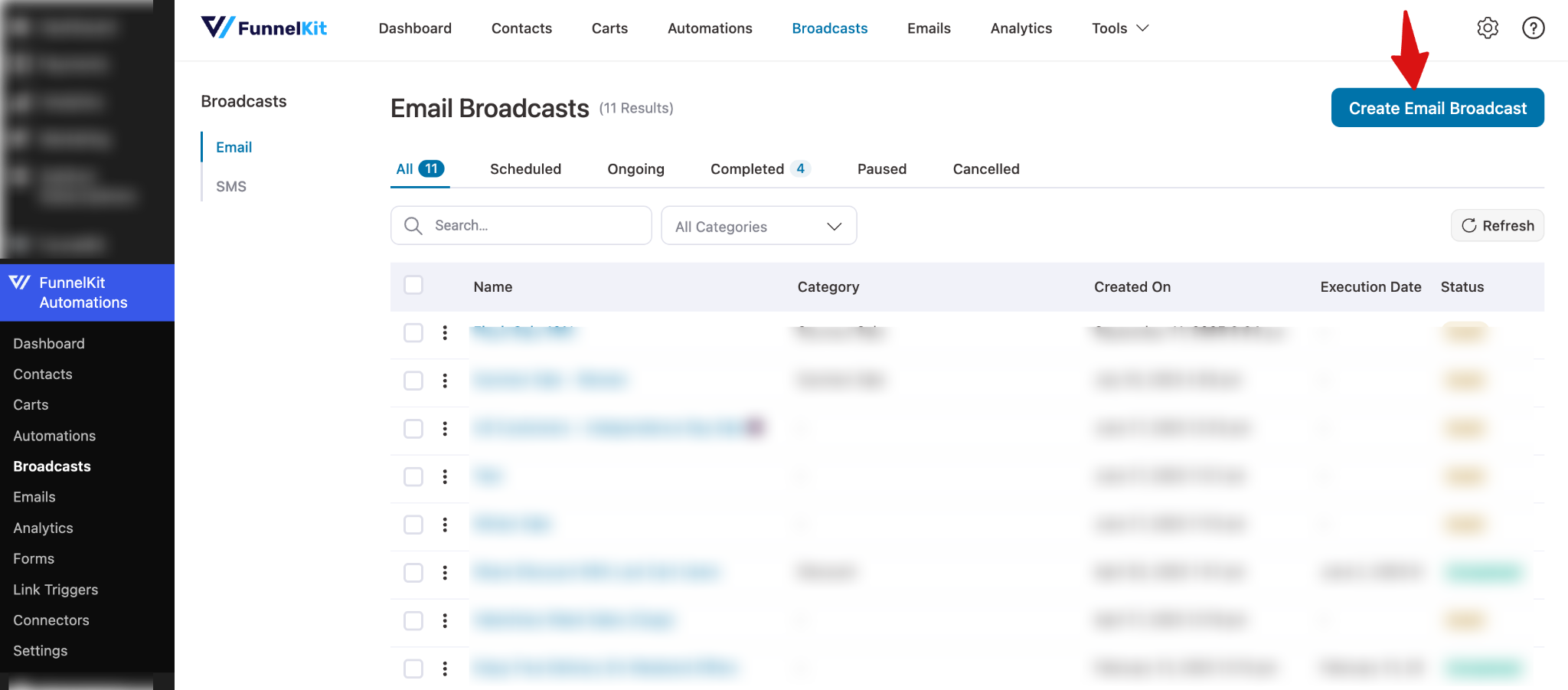 FunnelKit Automations Broadcast page showing Create Email Broadcast button