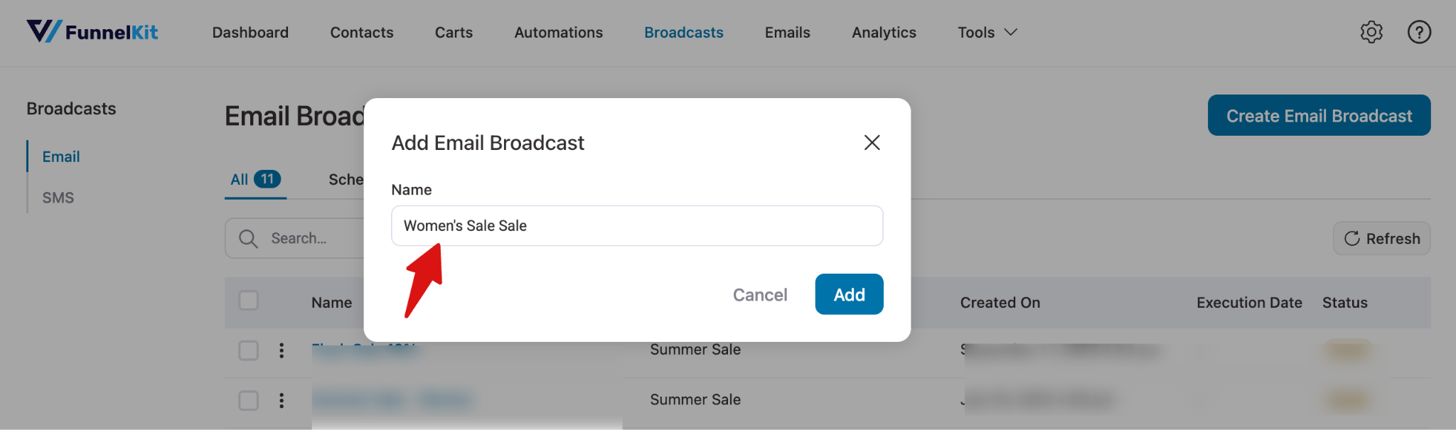 Create email broadcast naming screen in FunnelKit Automations