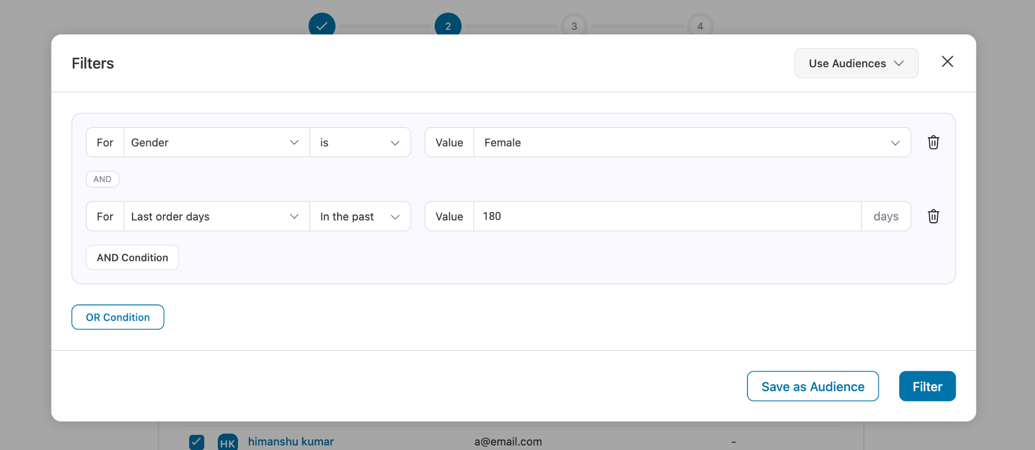Advanced filter condition setup for last purchase within 180 days