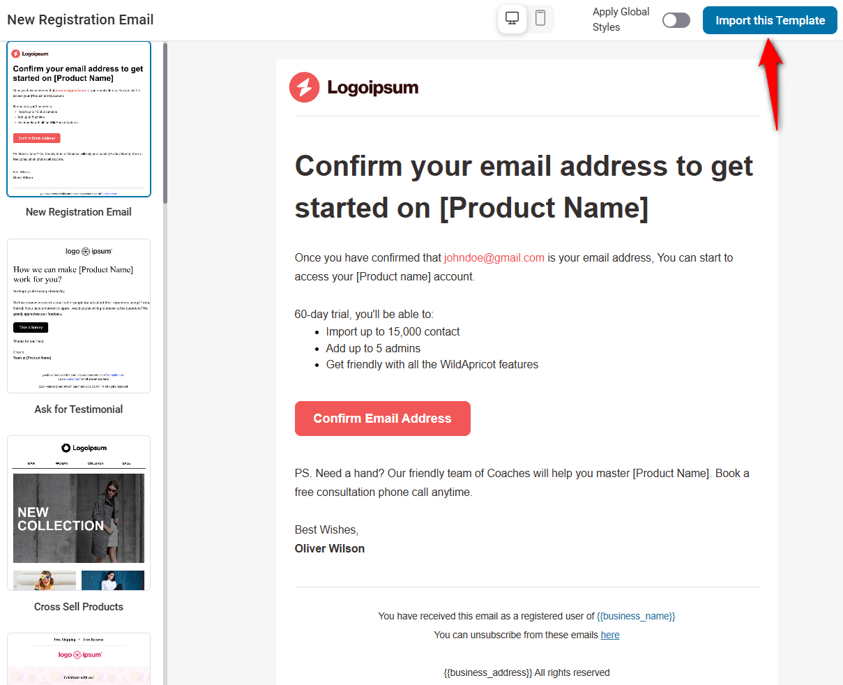 Import the woocommerce subscription email template