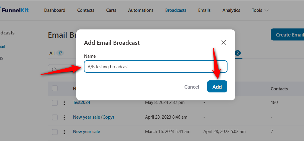 Name your A/B testing email broadcast