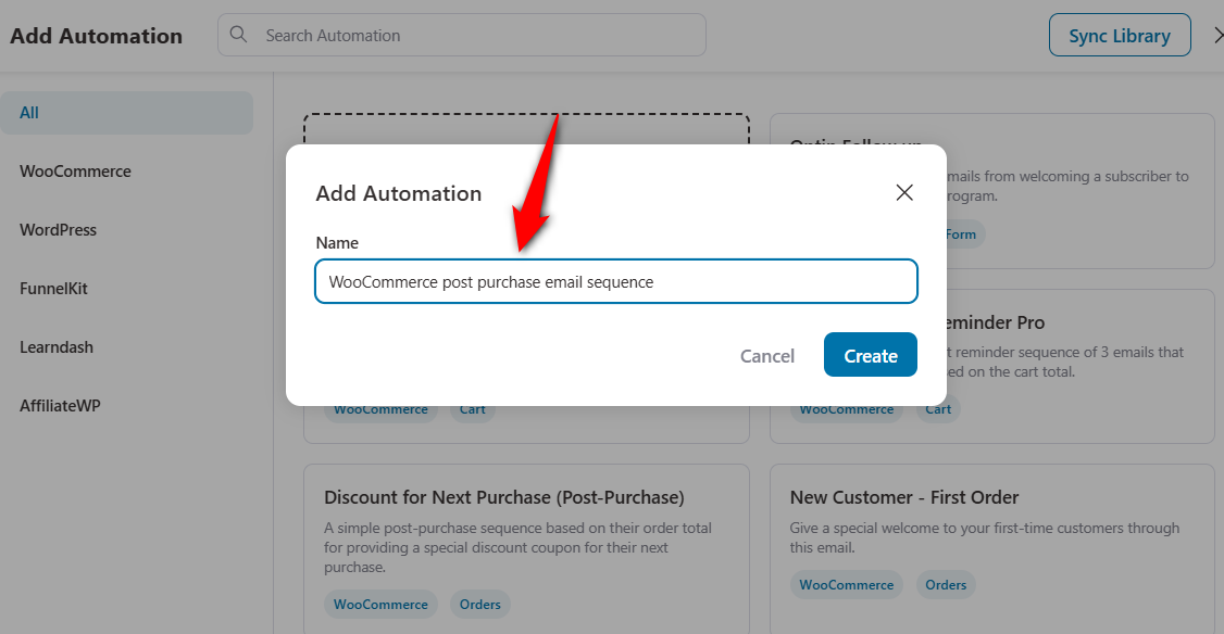 Click on start from scratch and name your woocommerce post purchase email sequence automation