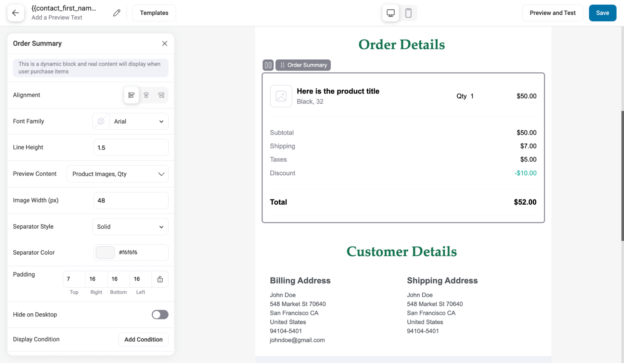 order details block