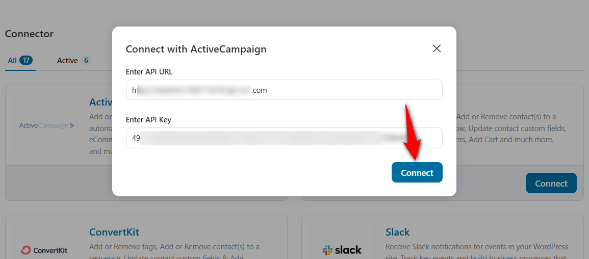 Paste the activecampaign api url and key to set up woocommerce activecampaign integration